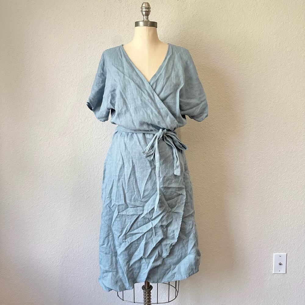 LINENFOX Mimosa Wrap Dress Dusty Blue Linen Batwing Short Sleeve